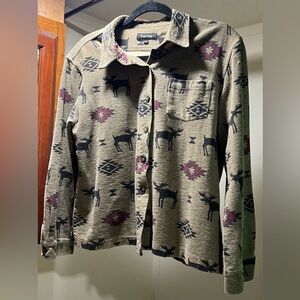 Vintage True Grit Button Down Moose Shirt Green Beige Women’s Small